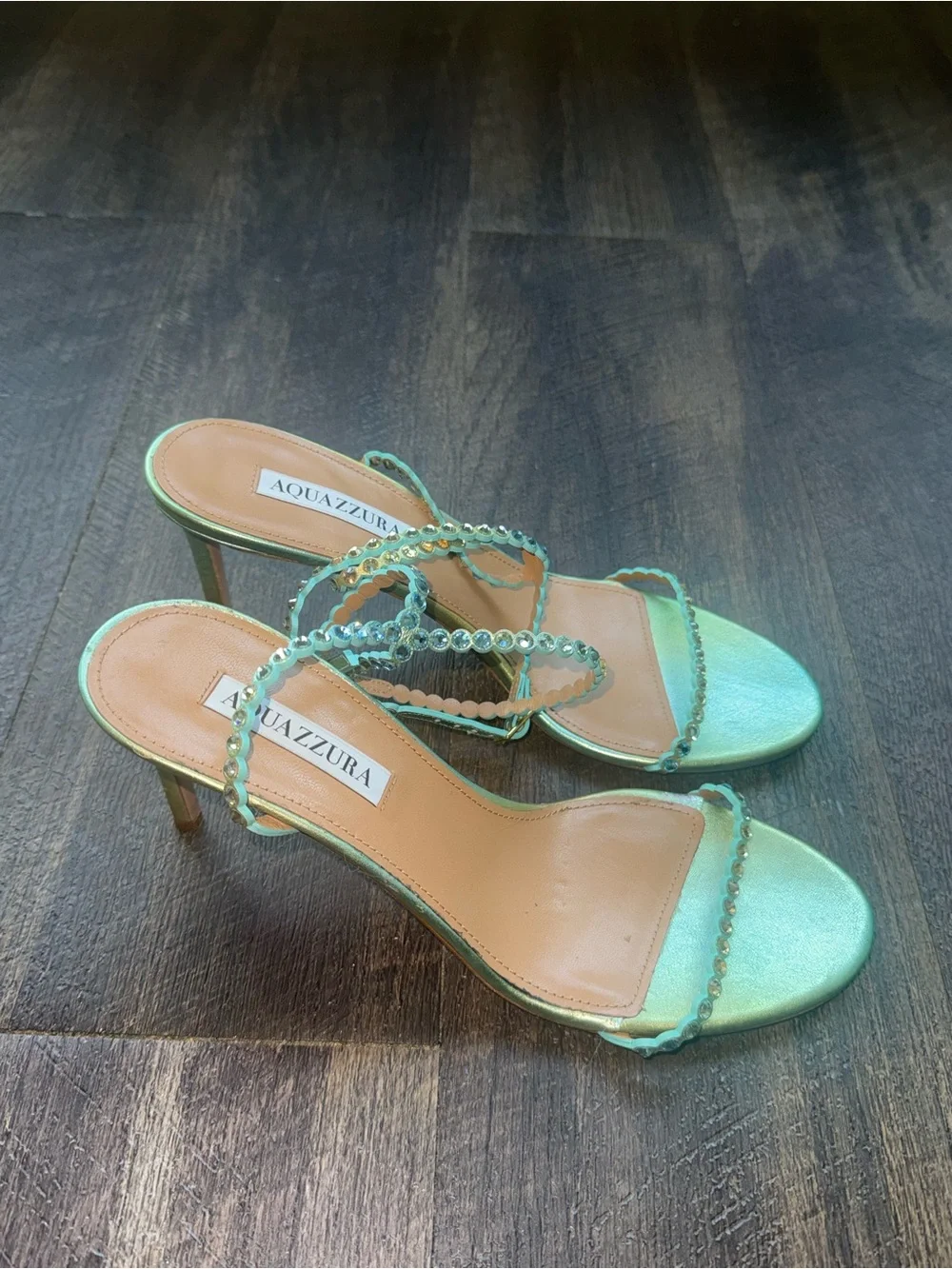 Aquazzura Metallic Mint Green Scalloped Strap Heels 39